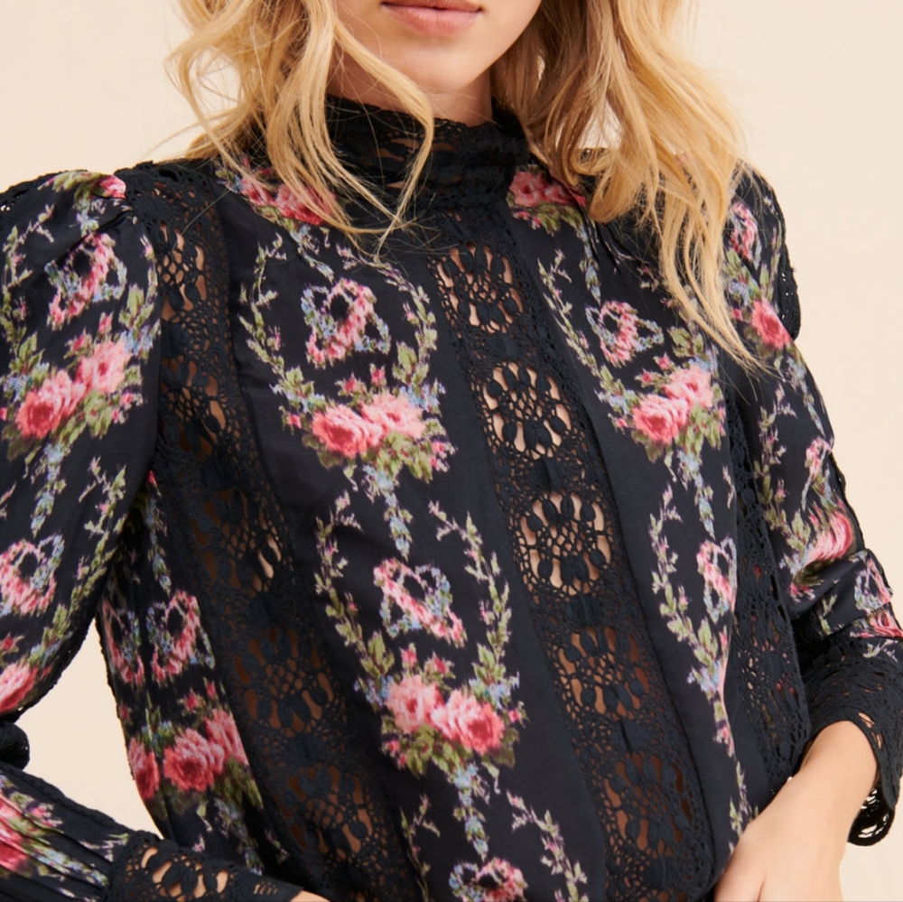 Loveshackfancy Jacque silk floral blouse top Dolce floral crochet lace XS